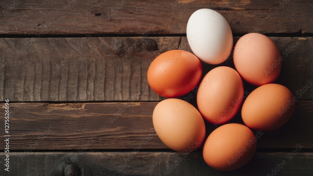 Poster arrangement of assorted eggs on rustic wooden table with textured brown background featuring one whi