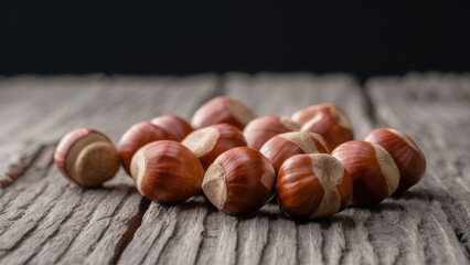 Fototapeta premium Closeup of hazelnuts scattered on a rustic wooden surface with dark backdrop featuring warm browns and rich textures ideal for copy space.