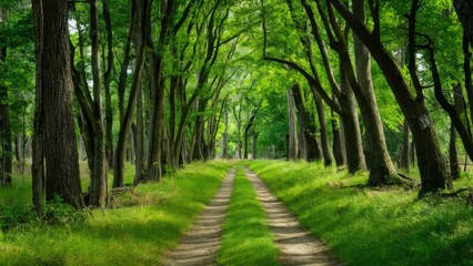 Fototapeta premium Lush green forest pathway framed by tall trees leading to sunlight with a soft focus effect highlighting the serene natural ambiance.