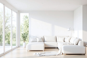 Fototapeta premium Modern living room window white sofa lamps side table plant