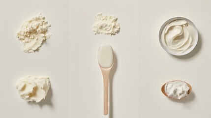 Various textures of creamy dairy products artfully arranged on a neutral background