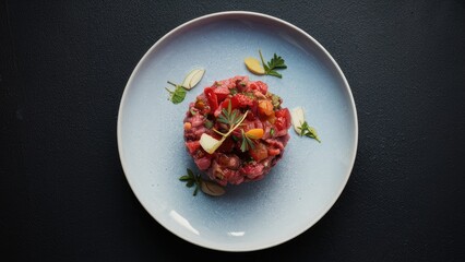 Freshly prepared steak tartare presented on a light blue plate with vibrant red tomatoes and green herbs garnished top center against a dark background