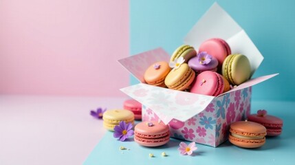 Delightful pastel macarons in a floral box, perfect for a sweet treat or gift