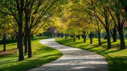 Fototapeta premium Scenic winding pathway in a lush green park with vibrant yellow and green trees lining both sides under a clear blue sky