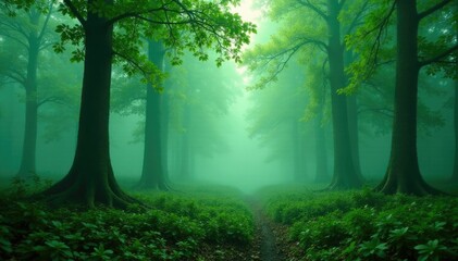 Obraz premium Foggy forest scene with trees in misty atmosphere, trees, green