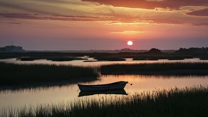 Serene golden hour sunset over calm water with a small boat silhouetted amidst lush green marsh grass reflecting vibrant orange and purple hues.