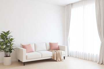 Fototapeta premium Modern living room window white sofa potted plants neutral scheme