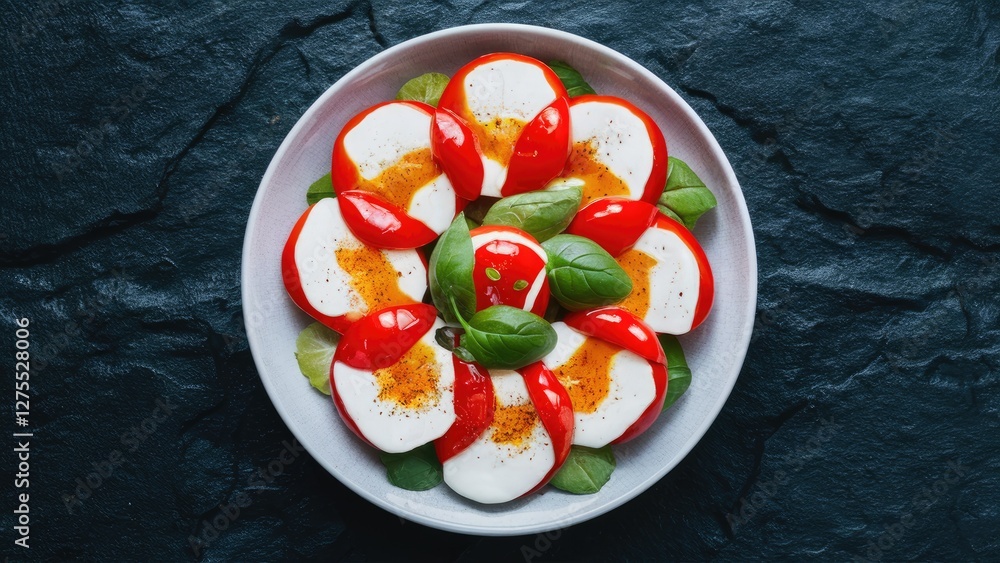 Poster caprese salad featuring sliced tomatoes and mozzarella arranged in a circular pattern on a light bow