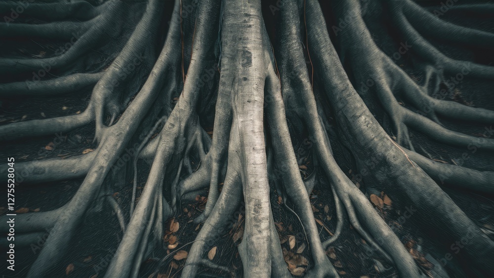 Poster intricate dark banyan tree roots create an artistic abstract pattern with blurred details against a 