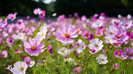 Obraz premium Vibrant field of pink and white cosmos flowers in crisp focus with a blurred green backdrop creating a serene and lively outdoor scene