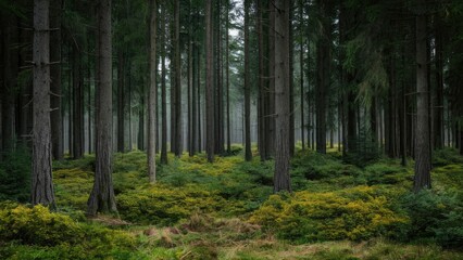 Fototapeta premium Dense coniferous forest featuring tall dark green trees and lush undergrowth of yellow-green shrubs with misty atmosphere and soft natural light.