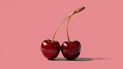 Juicy red cherries with glossy skin positioned symmetrically against a soft pink background casting a subtle shadow, emphasizing freshness and vitality.