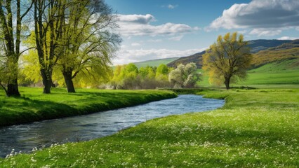 Vibrant spring meadow with lush green grass and blooming flowers beside a winding river under a clear blue sky with fluffy clouds and distant hills