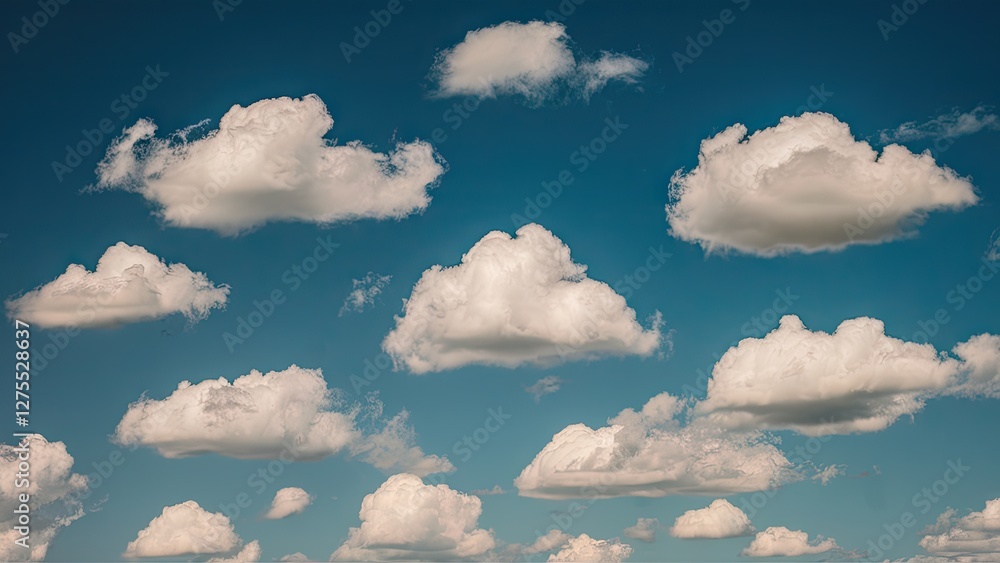 Poster scattered fluffy white clouds in a vibrant blue summer sky with soft gradients and various sizes cre