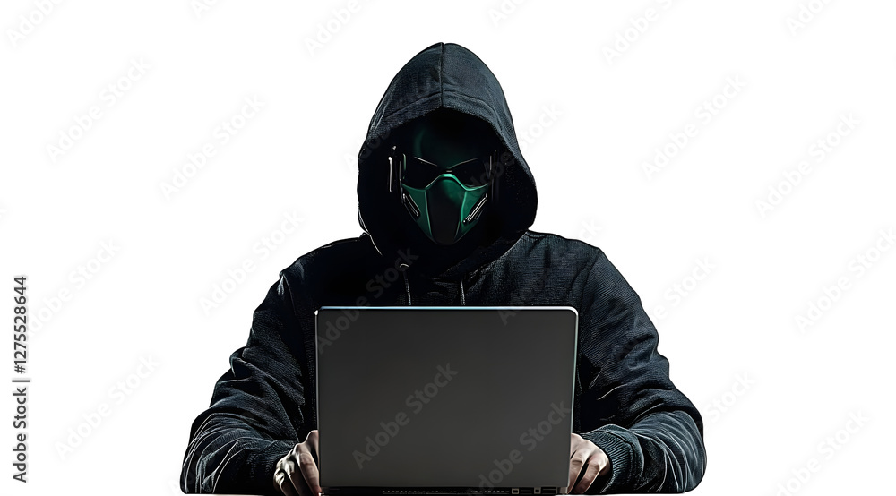 Poster anonymous hacker in hoodie and mask that hides his face works at laptop. png isolated on transparent