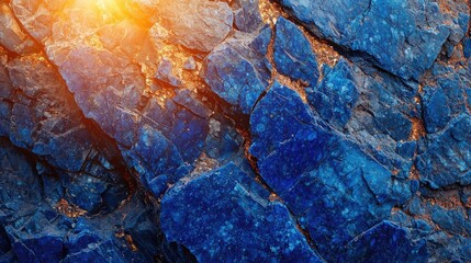 Close-up vibrant blue minerals embedded in rugged rock formations with warm sunlight. Natural texture, geological beauty, rare gemstone, earth's crust, mineral deposits, deep blue hues. Generative AI