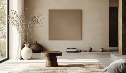 Minimalist living room mockup, beige canvas, sunlit