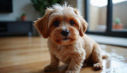 Cute small dog with fluffy fur sitting on wooden floor indoors, looking curiously at the camera