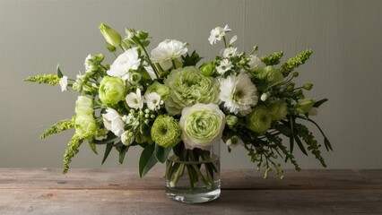 Elegant summer bouquet featuring lush green and white flowers in a clear glass vase, set against a soft grey background on a wooden table.