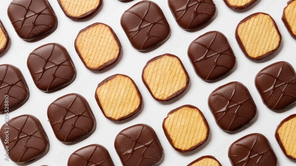 Poster chocolate covered wafers arranged in a flat lay on a white background featuring a symmetrical patter