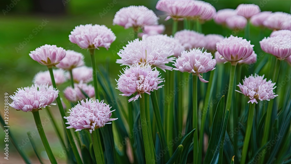 Poster pink chive blossoms clustered in lush green foliage with blurred background providing ample space fo