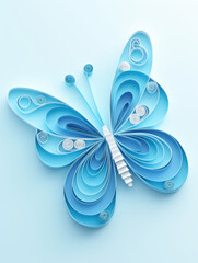 Beautiful blue butterfly made from paper quilling techniques, showcasing intricate designs and serene aesthetic. Perfect for art and craft enthusiasts