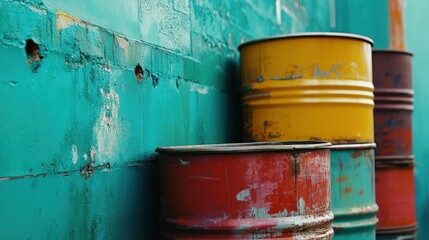 Close-up of colorful oil drums in various shades, stacked against a bold turquoise wall, showcasing a fusion of industrial style and street art influence.