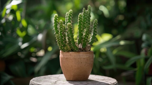Cylindrical dragon cactus in a textured brown pot, reaching 60 cm, amidst lush green foliage, highlighting its vibrant, spiky growth.