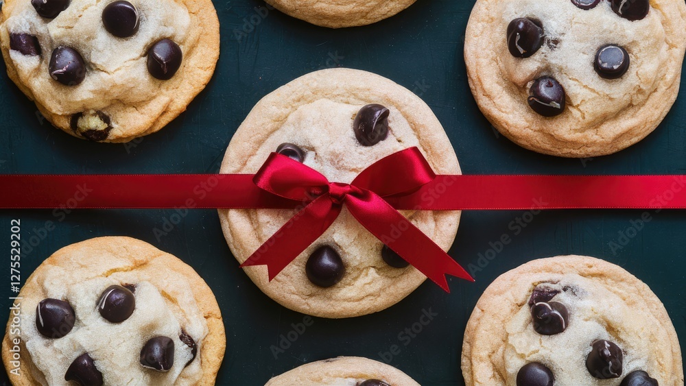 Poster chocolate chip cookies arranged on a dark green background with a central cookie tied with a vibrant