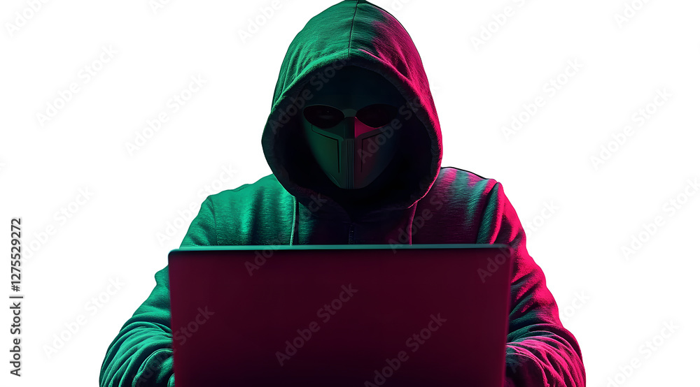 Poster anonymous hacker in hoodie and mask that hides his face works at laptop. png isolated on transparent