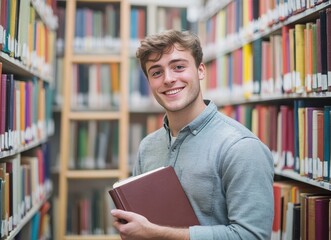 Joyful young man proudly holds books in a vibrant library, surrounded by shelves of knowledge and inspiration.