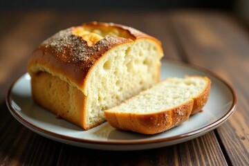 Fototapeta premium Freshly baked sourdough bread on a ceramic plate, ceramic, closeup, crusty