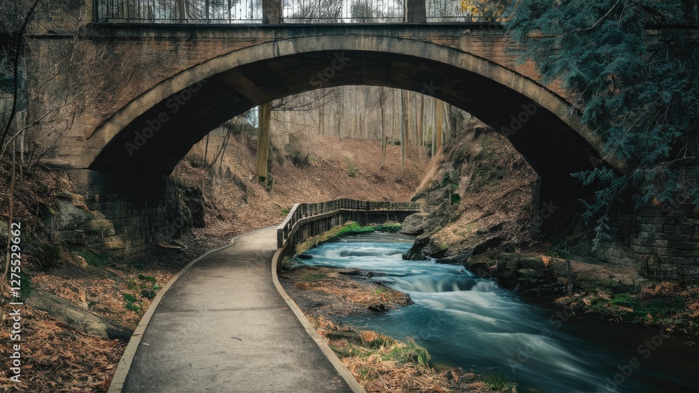 Poster serene walkway beneath an arched stone bridge with a flowing stream surrounded by earthy tones and l