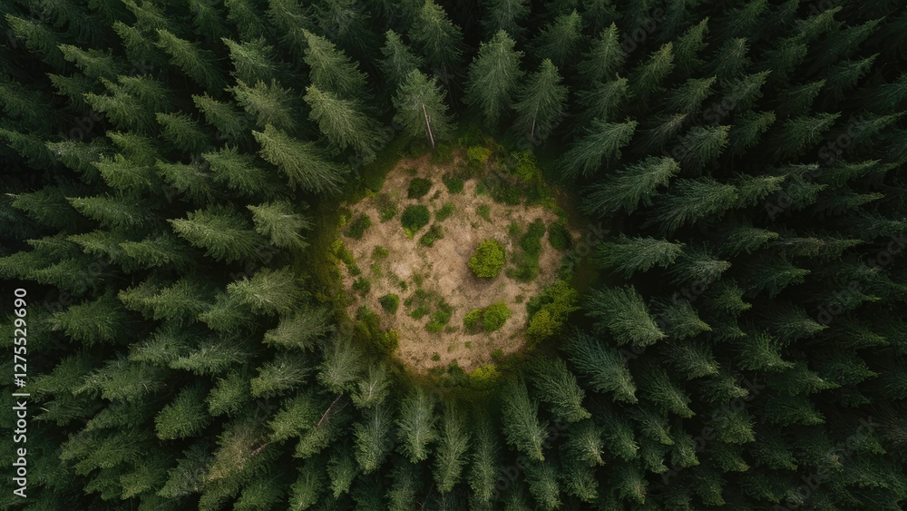 Poster aerial view of a circular forest clearing surrounded by dense dark green pine trees with patches of 