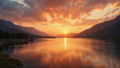 Obraz premium Breathtaking sunset over a tranquil lake surrounded by mountains, reflecting vibrant colors in the water