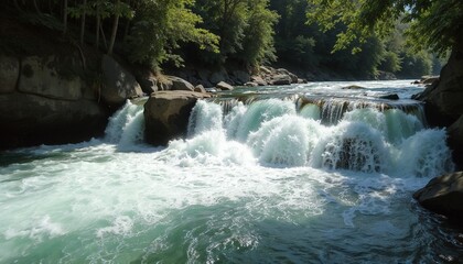 Powerful waterfall cascading over rocks into a clear blue river surrounded by lush green forest