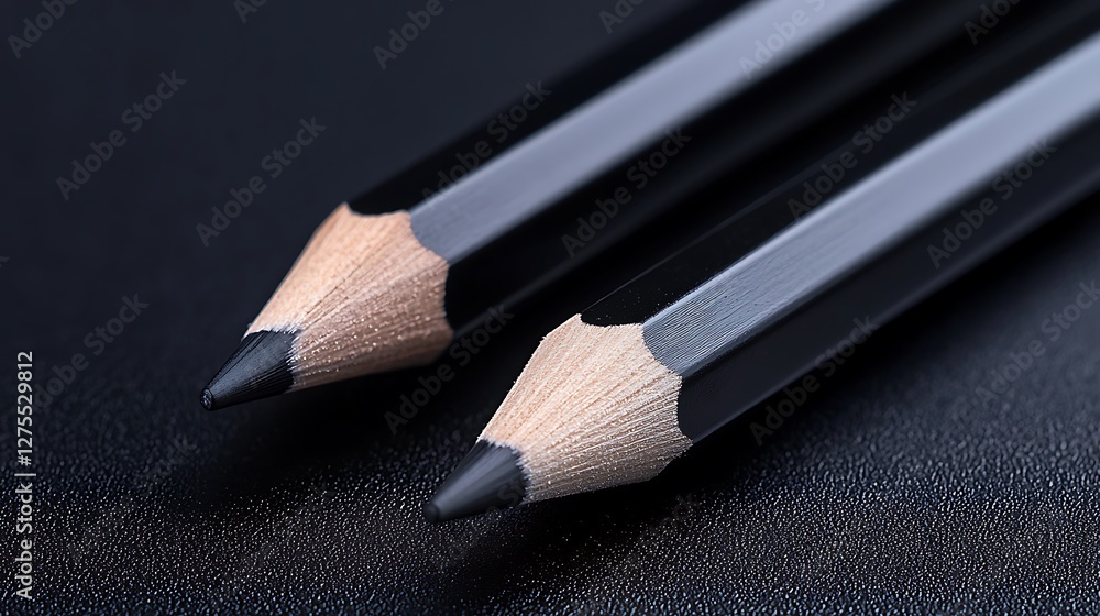 Poster close-up of two black pencils for sketching on a dark surface, possibly used for art