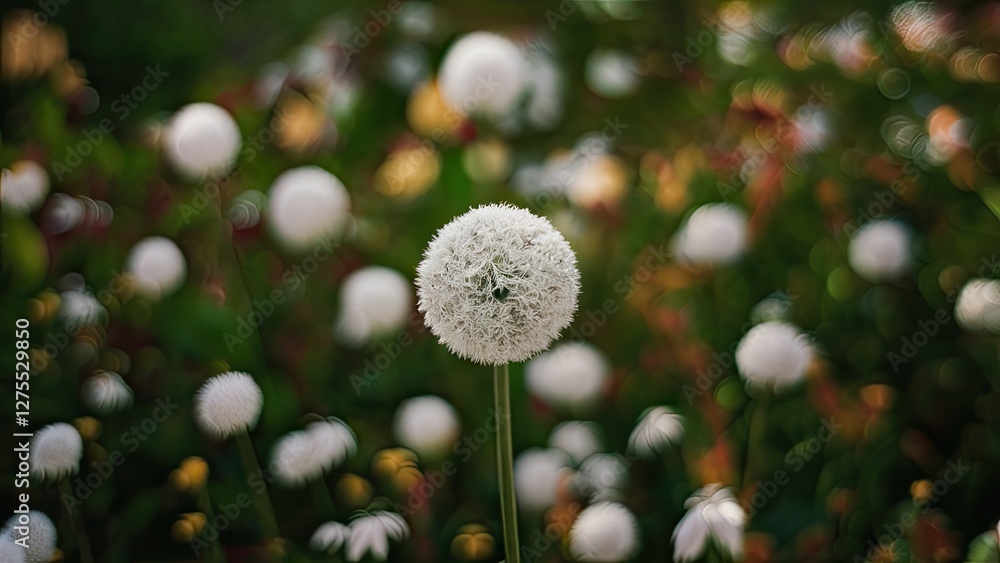Poster enchanting bokeh background with blurred white dandelion spheres in the foreground against a softly 