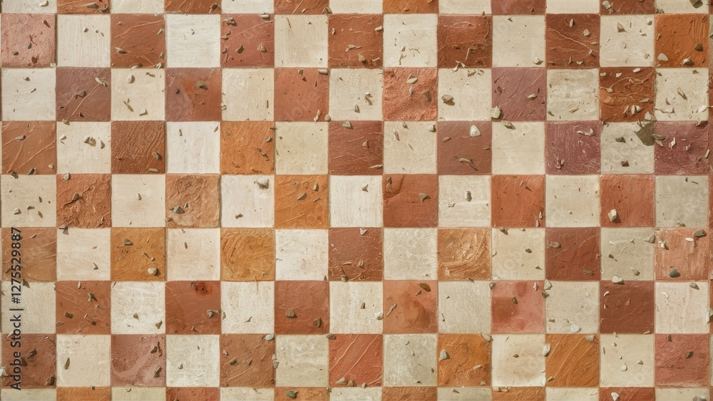 Poster textured floor featuring a checkerboard pattern in earthy tones of brown and beige with scattered de