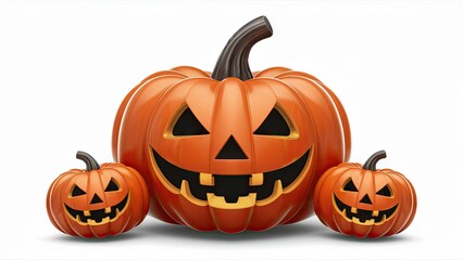 Fototapeta premium Three vibrant orange Halloween pumpkins with cheerful faces positioned on a white background, ideal for festive decorations and themed designs.