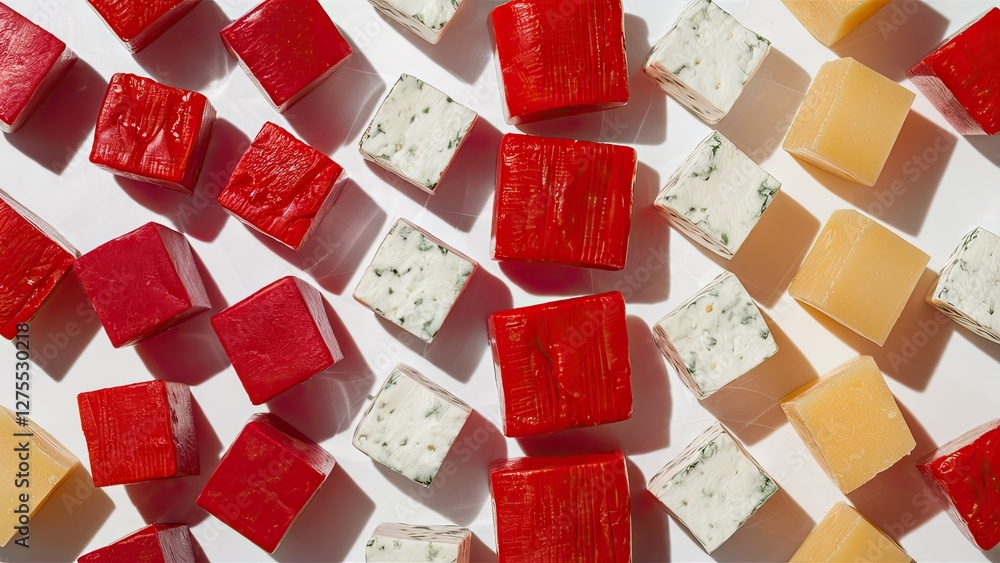 Poster assorted red and white cheese cubes arranged in a random pattern on a bright white background creati