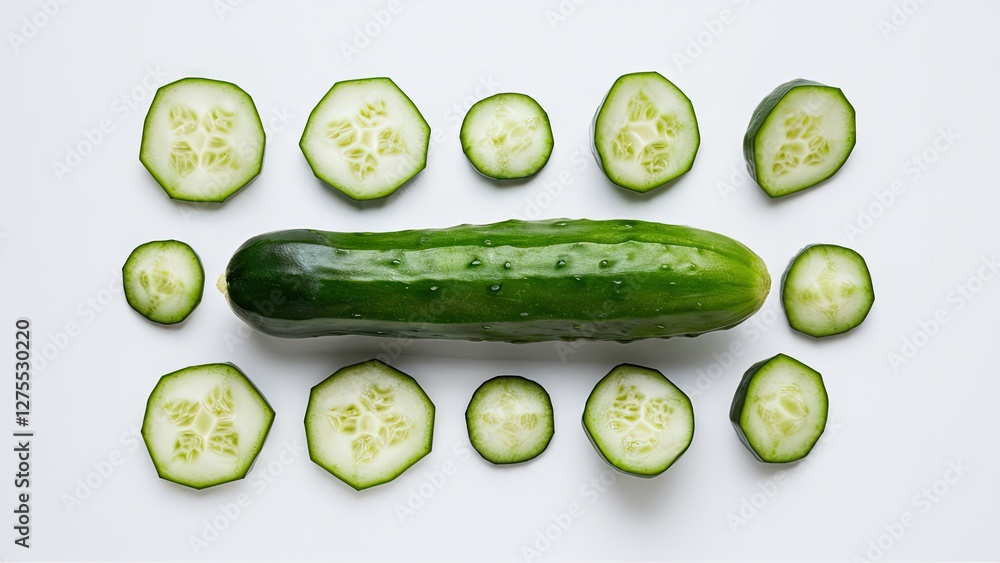 Poster bright green cucumber centrally placed on a white background surrounded by vivid cucumber slices sho