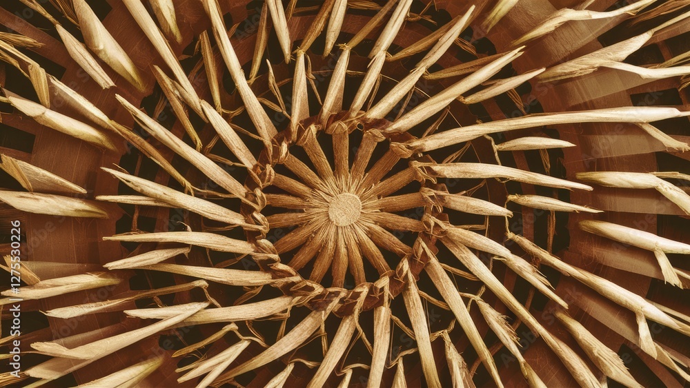 Poster intricate spiral pattern of straw elements in warm brown tones with textured golden highlights radia