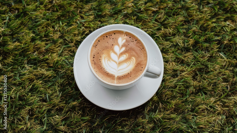 Poster black coffee with latte art in a white cup centered on textured green artificial grass surface, crea