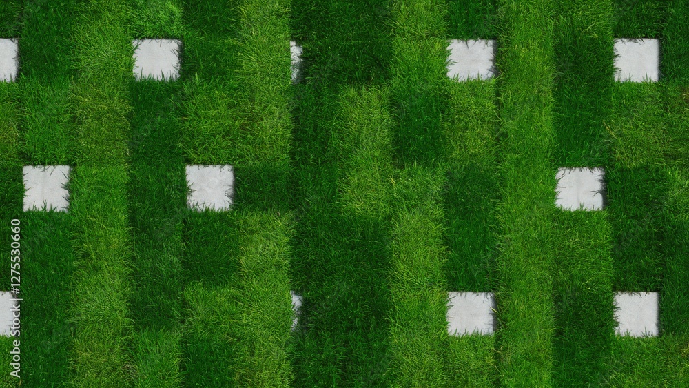 Poster textured green grass pattern with white tiles arranged in a grid, creating a vibrant lawn design for