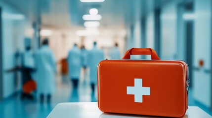Large first aid kit standing on a table with orange details. In the blurry hospital hallway with doctors in white coats background  