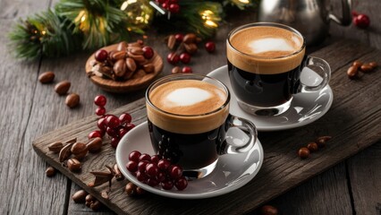 Espresso beverages in clear glasses topped with froth placed on a rustic wooden board surrounded by coffee beans and festive decorations.