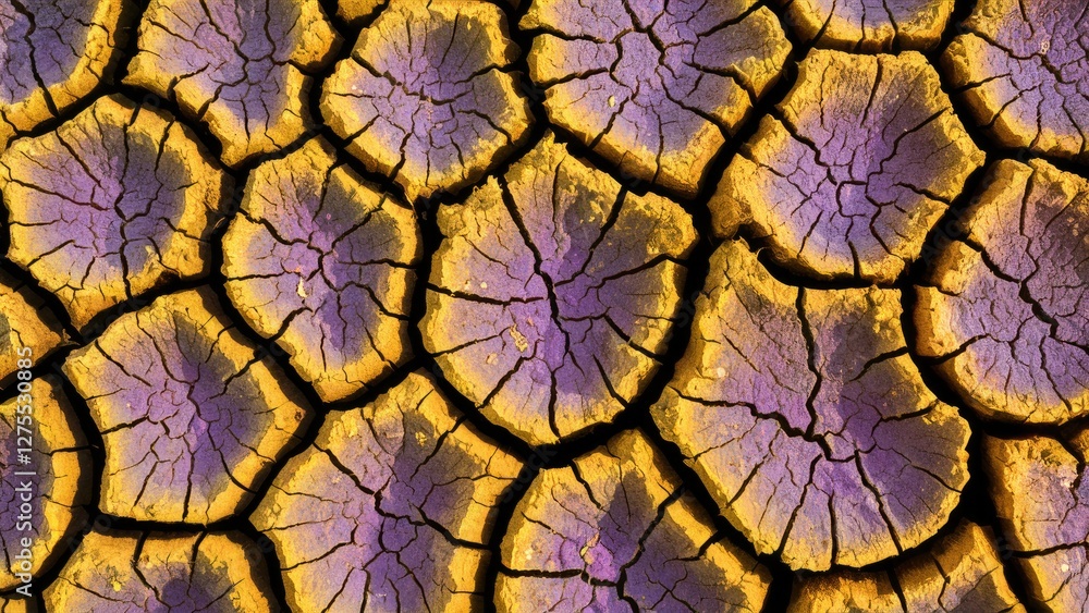 Poster vibrant yellow and violet cracks in dry soil creating an abstract textured background showcasing dro