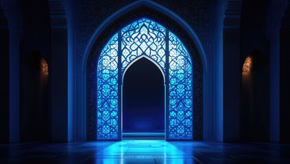 Islamic archway, glowing blue stained glass, dark interior,  spiritual ambiance