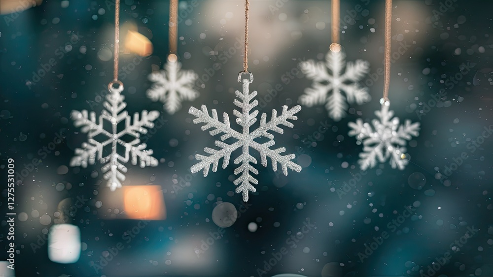 Poster delicate white snowflakes hang in the foreground over a soft teal bokeh background with blurred warm